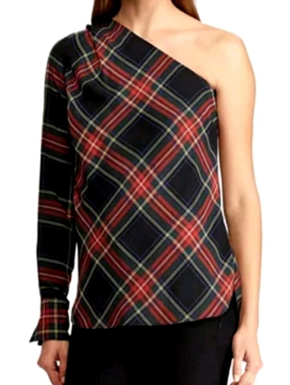 LAUREN RALPH LAUREN Buffalo Plaid One Shoulder Top Blouse Womens Size 14